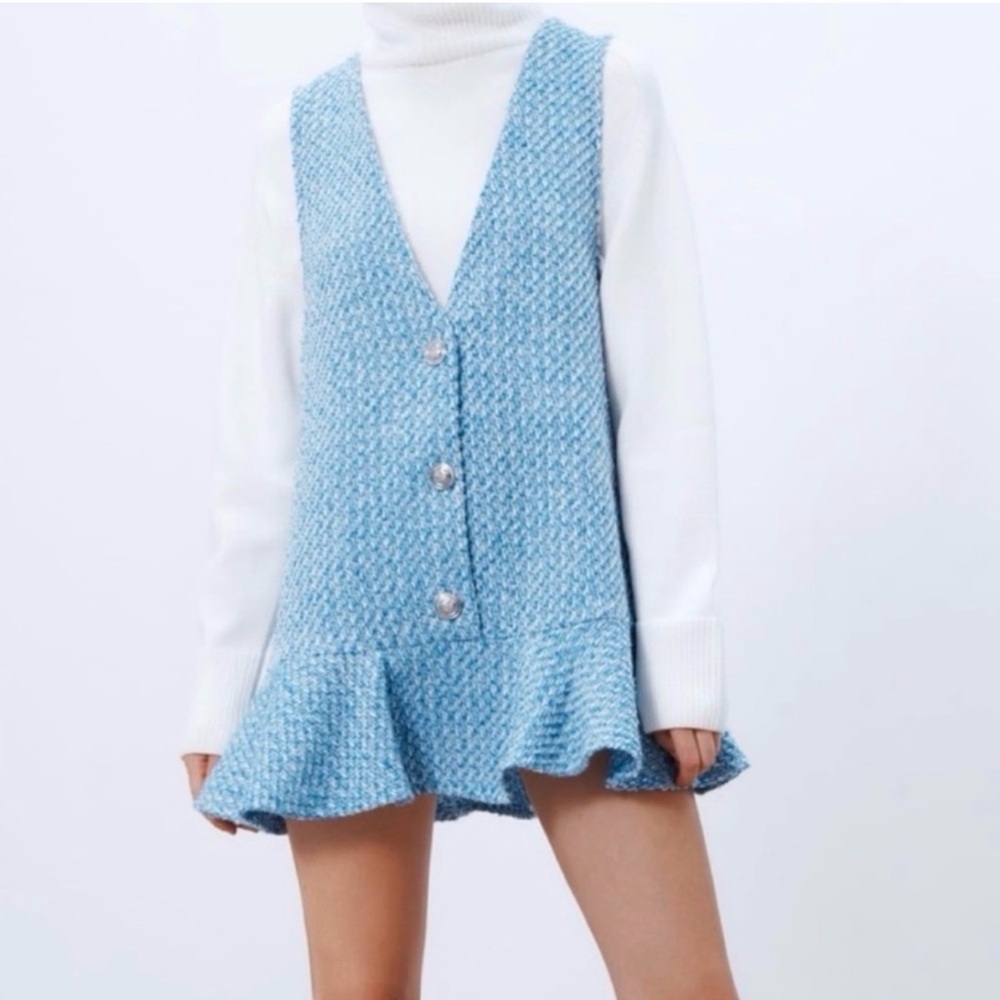 Zara Blue Tweed Button Front Ruffle Hem Dress